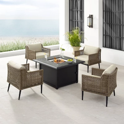 Southwick 5pc Outdoor Wicker Conversation Set With 4 Arm Chairs & Dante Fire Table - Cream/Light Brown - Crosley 1 Southwick 5pc Outdoor Wicker Conversation Set With 4 Arm Chairs & Dante Fire Table - Cream/Light Brown - Crosley