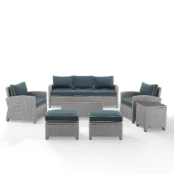 Bradenton 7pc Outdoor Wicker Sofa And Arm Chair Seating Set With Coffee Table, Side Table And 2 Ottomans - Navy/Gray - Crosley -Crosley Sales Store GUEST 1538fd6b 4881 4b67 a0e9 e03998b1f827