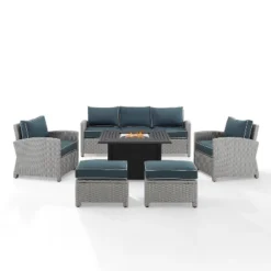Bradenton 6pc Outdoor Wicker Sofa And Arm Chair Seating Set With Dante Fire Table And 2 Ottomans - Navy/Gray - Crosley -Crosley Sales Store GUEST 1986bd07 0bef 43a2 b426 4b46bbf22507