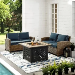 3pc Bradenton Outdoor Steel Fire Pit Set With 2 Loveseats Navy/Weathered Brown - Crosley -Crosley Sales Store GUEST 2094d08d 0760 4678 86a6 658c345ff888
