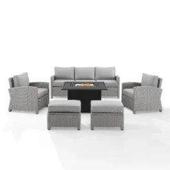 Bradenton 6pc Outdoor Wicker Sofa And Arm Chair Seating Set With Dante Fire Table And 2 Ottomans - Gray/Gray - Crosley -Crosley Sales Store GUEST 219a119c 9d22 4871 9625 a78355acbd22
