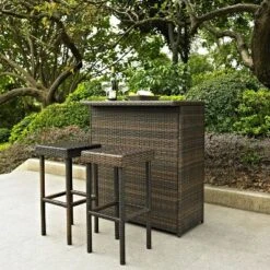 Palm Harbor 3pc Outdoor Wicker Bar Set - Brown - Crosley