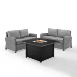 Bradenton 3pc Wicker Loveseat Set With Fire Table - Gray - Crosley