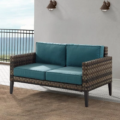 Prescott Outdoor Wicker Loveseat - Blue/Brown- Crosley 1 Prescott Outdoor Wicker Loveseat - Blue/Brown- Crosley