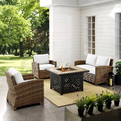 Bradenton 4pc Outdoor Conversation Set With Loveseat, 2 Arm Chairs & Tucson Fire Table - Weathered Brown/White - Crosley 1 Bradenton 4pc Outdoor Conversation Set With Loveseat, 2 Arm Chairs & Tucson Fire Table - Weathered Brown/White - Crosley