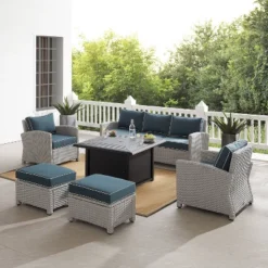 Bradenton 6pc Outdoor Wicker Sofa And Arm Chair Seating Set With Dante Fire Table And 2 Ottomans - Navy/Gray - Crosley -Crosley Sales Store GUEST 72fad8e6 13a4 4cea 8f3a 32c7f82a738d