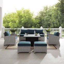 Bradenton 6pc Outdoor Wicker Sofa And Arm Chair Seating Set With Dante Fire Table And 2 Ottomans - Navy/Gray - Crosley -Crosley Sales Store GUEST 731ca293 697c 4564 8769 864dcd17bc5f