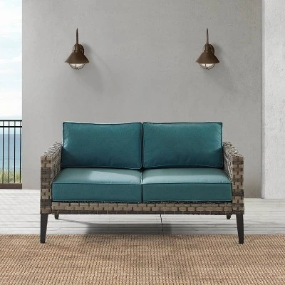 Prescott Outdoor Wicker Loveseat - Blue/Brown- Crosley 2 Prescott Outdoor Wicker Loveseat - Blue/Brown- Crosley - Image 2
