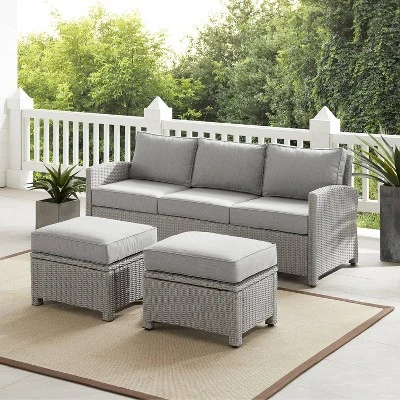 Bradenton 3pc Outdoor Wicker Sofa & 2 Ottoman Set - Gray/Gray - Crosley 1 Bradenton 3pc Outdoor Wicker Sofa & 2 Ottoman Set - Gray/Gray - Crosley