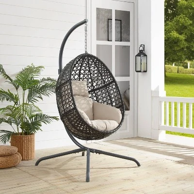 Calliope Indoor/Outdoor Wicker Hanging Egg Chair - Sand/Dark Brown - Crosley 1 Calliope Indoor/Outdoor Wicker Hanging Egg Chair - Sand/Dark Brown - Crosley