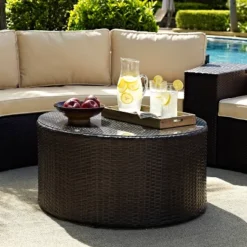 Catalina Outdoor Round Wicker Coffee Table - Brown - Crosley