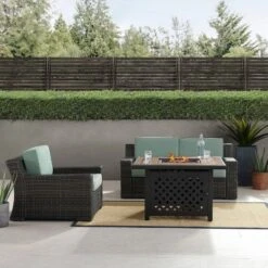 Beaufort 3 Pc Outdoor Wicker Conversation Set Loveseat And Chair With Fire Table - Mist/Brown - Crosley -Crosley Sales Store GUEST c35d0bba 65c8 4310 9981 0d449c9b6596