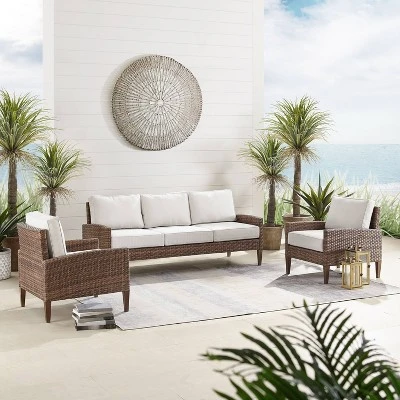 Capella 3pc Outdoor Wicker Seating Set With Sofa & Arm Chairs - Cream/Brown - Crosley 1 Capella 3pc Outdoor Wicker Seating Set With Sofa & Arm Chairs - Cream/Brown - Crosley