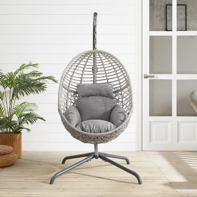Lorelei Indoor/Outdoor Wicker Hanging Egg Chair - Gray/Light Gray - Crosley 2 Lorelei Indoor/Outdoor Wicker Hanging Egg Chair - Gray/Light Gray - Crosley - Image 2