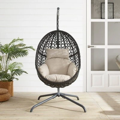Calliope Indoor/Outdoor Wicker Hanging Egg Chair - Sand/Dark Brown - Crosley 2 Calliope Indoor/Outdoor Wicker Hanging Egg Chair - Sand/Dark Brown - Crosley - Image 2