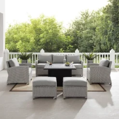 Bradenton 6pc Outdoor Wicker Sofa And Arm Chair Seating Set With Dante Fire Table And 2 Ottomans - Gray/Gray - Crosley -Crosley Sales Store GUEST fd1c38ab cc3e 44d6 89da d76a00634ba5